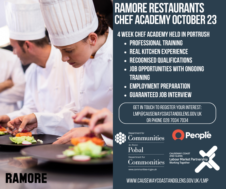 information about the Ramore chef academy school, the left side shows chefs plating up food and the right of the flyer lays out the benefits you get from attending the 4 week course