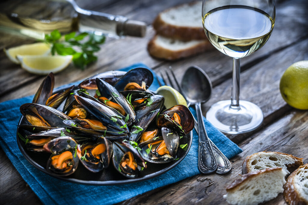 delicious mussels with a glass of white wine
