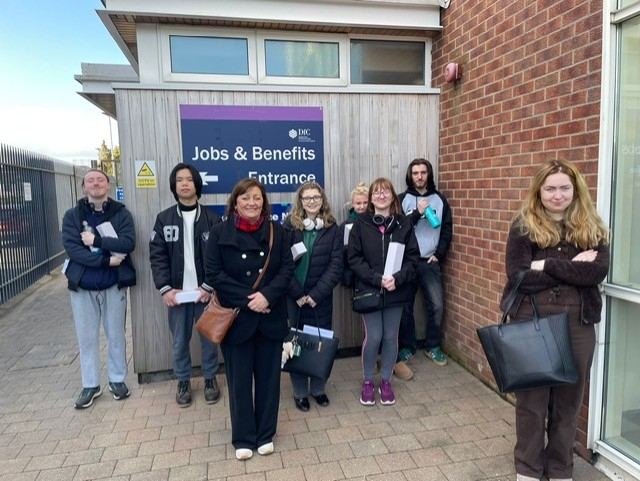 People 1st Lurgan tutor Sarah Champ and students outside the Lurgan Job and Benefits Office during an employability visit.